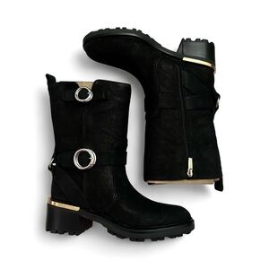 Vince Camuto Black Leather Mid Calf Moto Boot 5.5M Biker Lug Sole Grunge Goth